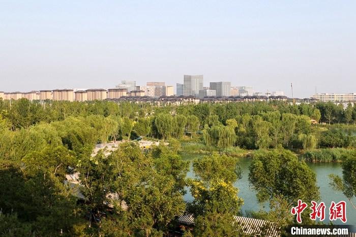 從完成頂層設(shè)計到如火如荼大規(guī)模建設(shè)，六年來，雄安新區(qū)如春天的竹子一般拔節(jié)生長，這座承載千年大計的“未來之城”已雄姿初顯。從“一張白紙”開始著墨，如今的雄安新區(qū)已是濃墨重彩的“山水畫”。<a target='_blank' href='/'>中新社</a>記者近日走訪了雄安新區(qū)多地，從“藍綠金”三色感受這座“未來之城”的巨大變化。圖為7月18日拍攝的河北雄安新區(qū)金湖公園。 <a target='_blank' href='/'>中新社</a>記者 易海菲 攝